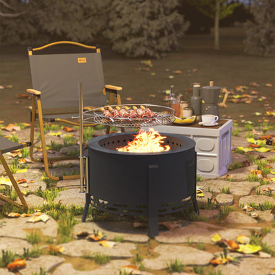 Outsunny Portable Fire Pit, 58 cm Round Firepit with Grill Grate, Fire Bowl with Ash Catcher and Poker, Fire Pit BBQ for Garden Camping Bonfire Picnic, Black 