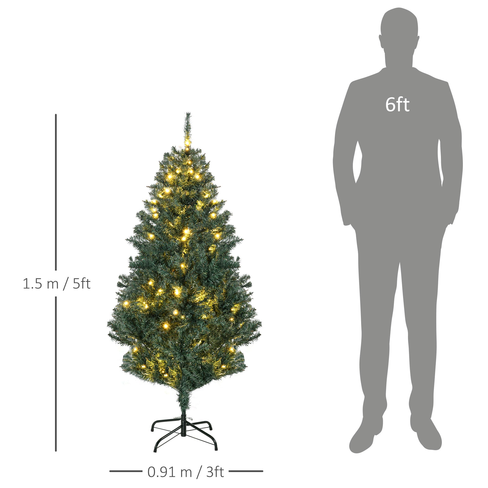 HOMCOM 5' Artificial Prelit Christmas Trees Holiday D\'c3\'a9cor with Warm White LED Lights, Decoration, Banner, Tag, Ball