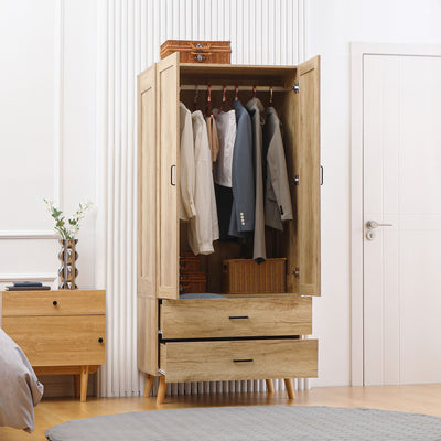 HOMCOM 2 Door Wardrobe, Modern Wardrobe with 2 Drawer and Hanging Rail for Bedroom, Natural 