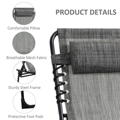 Outsunny Portable Sun Lounger Set of 2, Folding Camping Bed Cot, Reclining Lounge Chair 5-position Adjustable Backrest with Side Pocket, Pillow for Patio Garden Beach Pool, Mixed Grey 