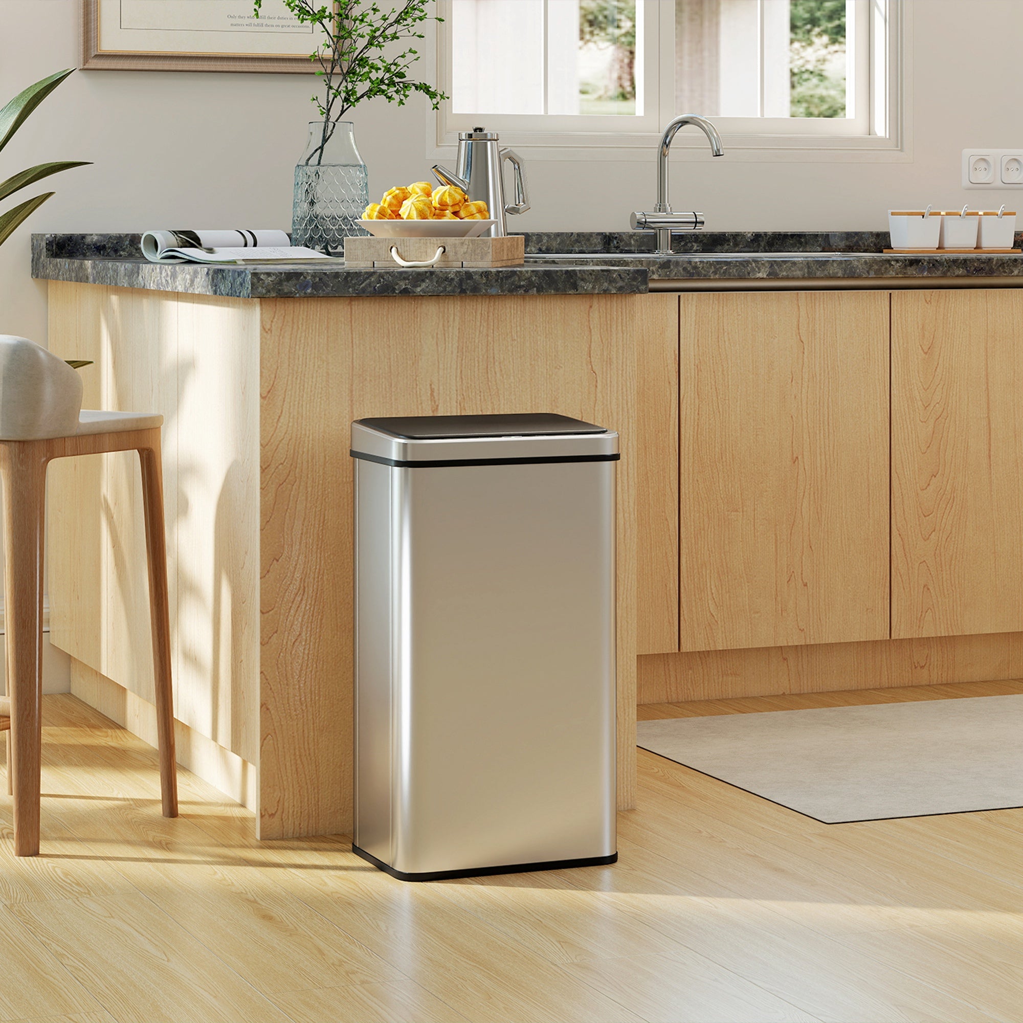 HOMCOM 50L Sensor Bin with Quiet Soft-Close Lid, Automatic Touchless Motion Sensor Kitchen Bin with Fingerprint Resistant Stainless Steel for Hygienic Gyms, Home Office Use, Silver Tone 
