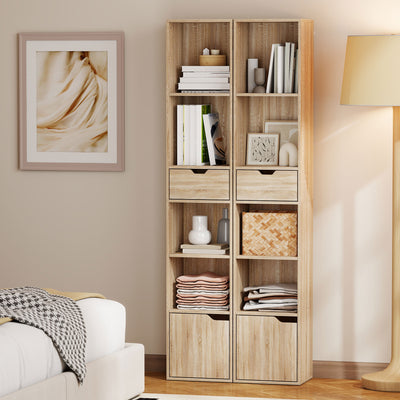 HOMCOM 6-Tier Bookcase, Tall Narrow Bookshelf with Drawer and Door - Natural Wood Finish 