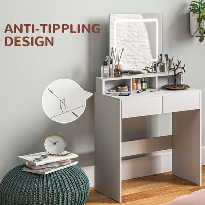 HOMCOM Dressing Table with Mirror and LED Lights, Vanity Table with 2 Drawers, 3 Compartments, 3 Colour Lighting, for Bedroom, Modern Dresser Makeup Desk for Women and Girls, White 