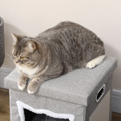 PawHut 2 in 1 Cat Bed Ottoman, Comfortable Cat Sleeping Cave House w/ Removable Cushion, Scratching Pad, Handles, Anti-Slip Foot Pad, Toy Ball, Entrance - Grey 