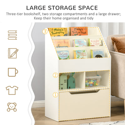 HOMCOM Kids Bookshelf, Toy Organiser, with Storage Drawer, Wheels - White 