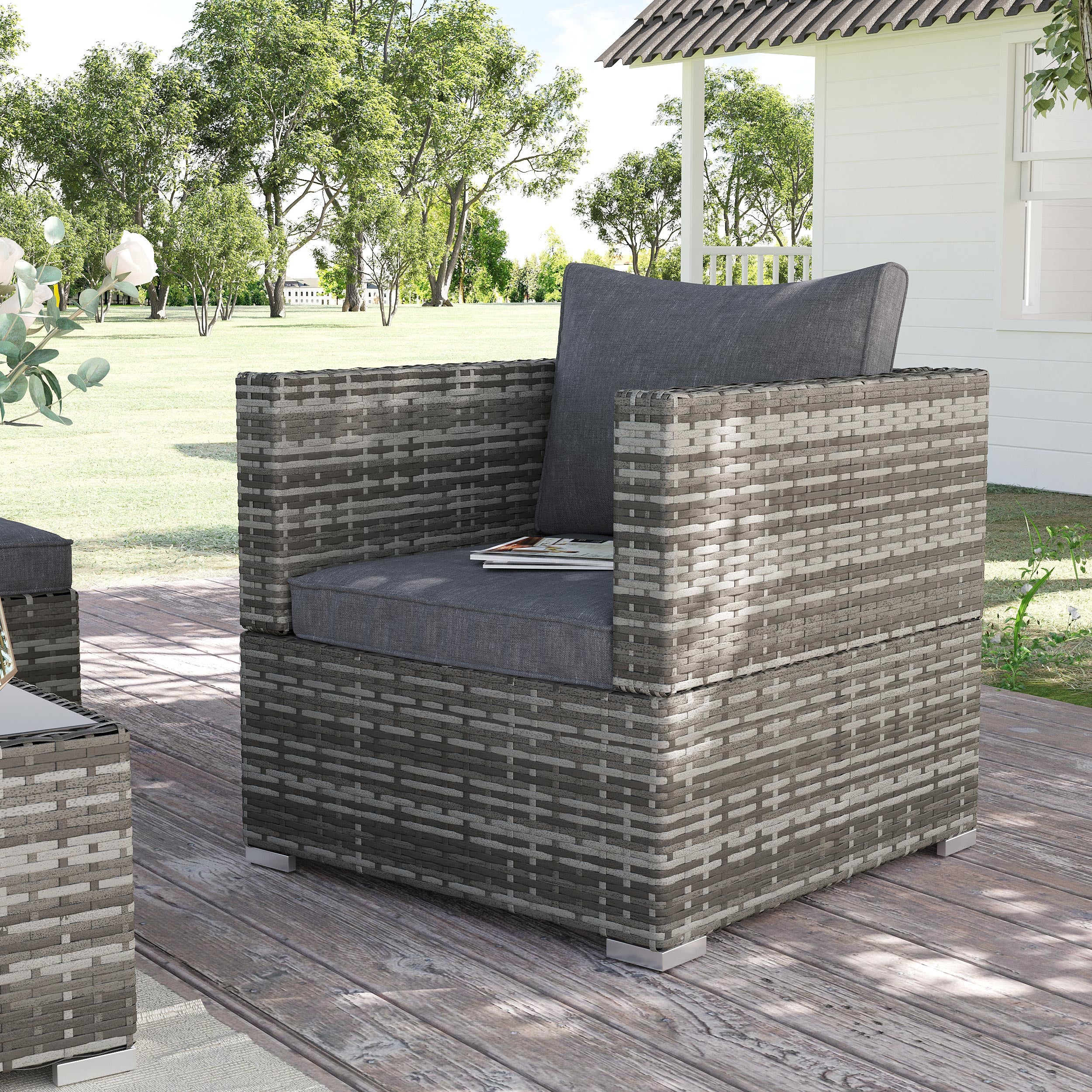 Outsunny Single Rattan Garden Chair, PE Wicker Garden Armchair with Cushions, Outdoor Rattan Chair with Armrests and Steel Frame for Conservatory, Porch, Patio, Balcony, Dark Grey 