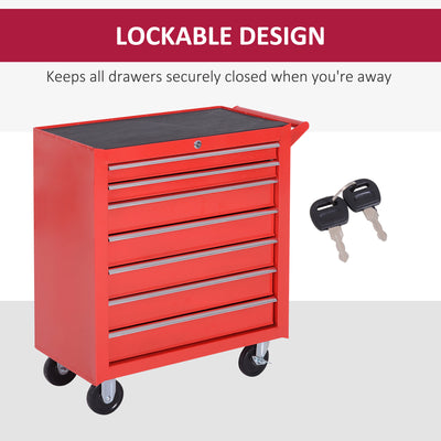 DURHAND 7-Drawer Rolling Tool Chest on Wheels, Lockable Tool Cabinet with Side Handle, Metal Tool Box Trolley for Garage, Workshop, Red 