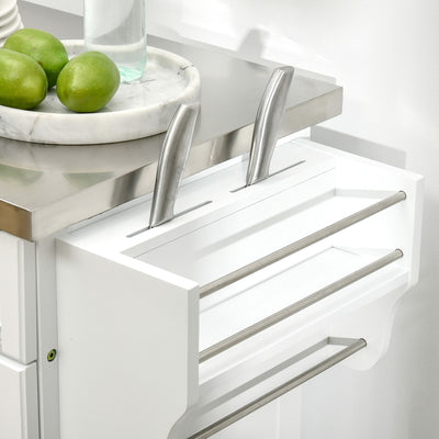 HOMCOM Wooden Kitchen Island on Wheels, Serving Cart Storage Trolley with Stainless Steel Top, Drawer, Side Handle and Rack, White 