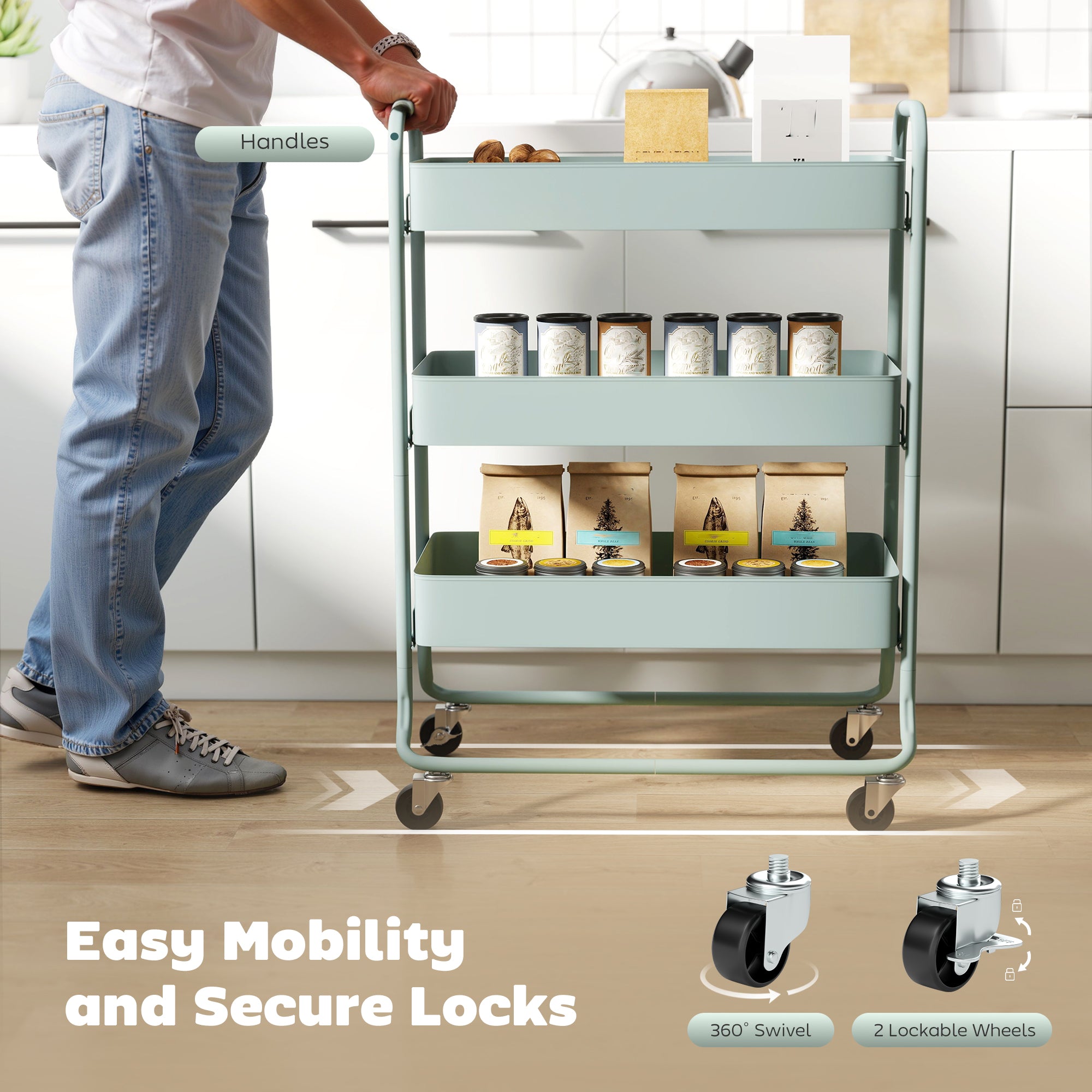 HOMCOM 3-Tier Storage Trolley on Wheels, Rolling Utility Cart with Mesh Backets for Kitchen, Bathroom, Bedroom, Light Green 