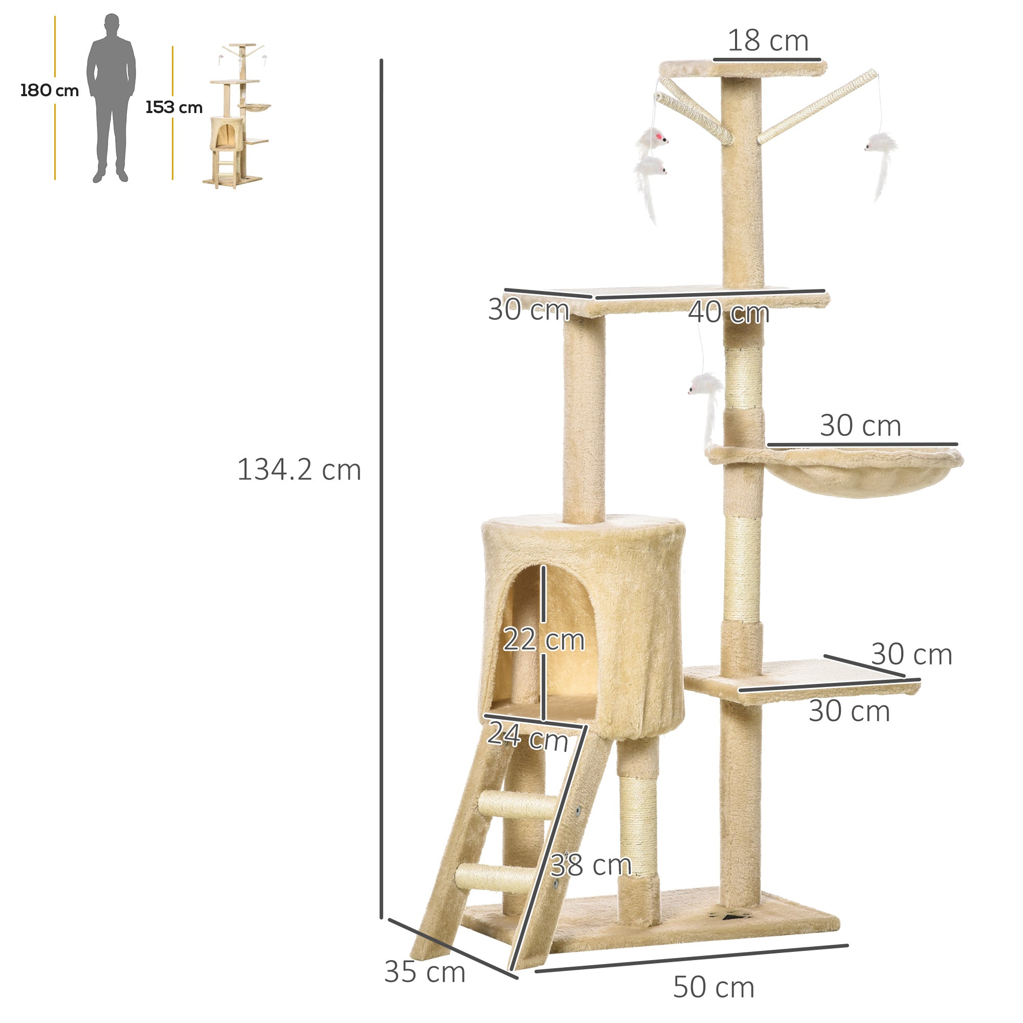 PawHut Cat Tree for Indoor Cats 135cm Kitten Tower Scratching Post Kitty Scratcher Climbing Tower with Ladder, Beige 