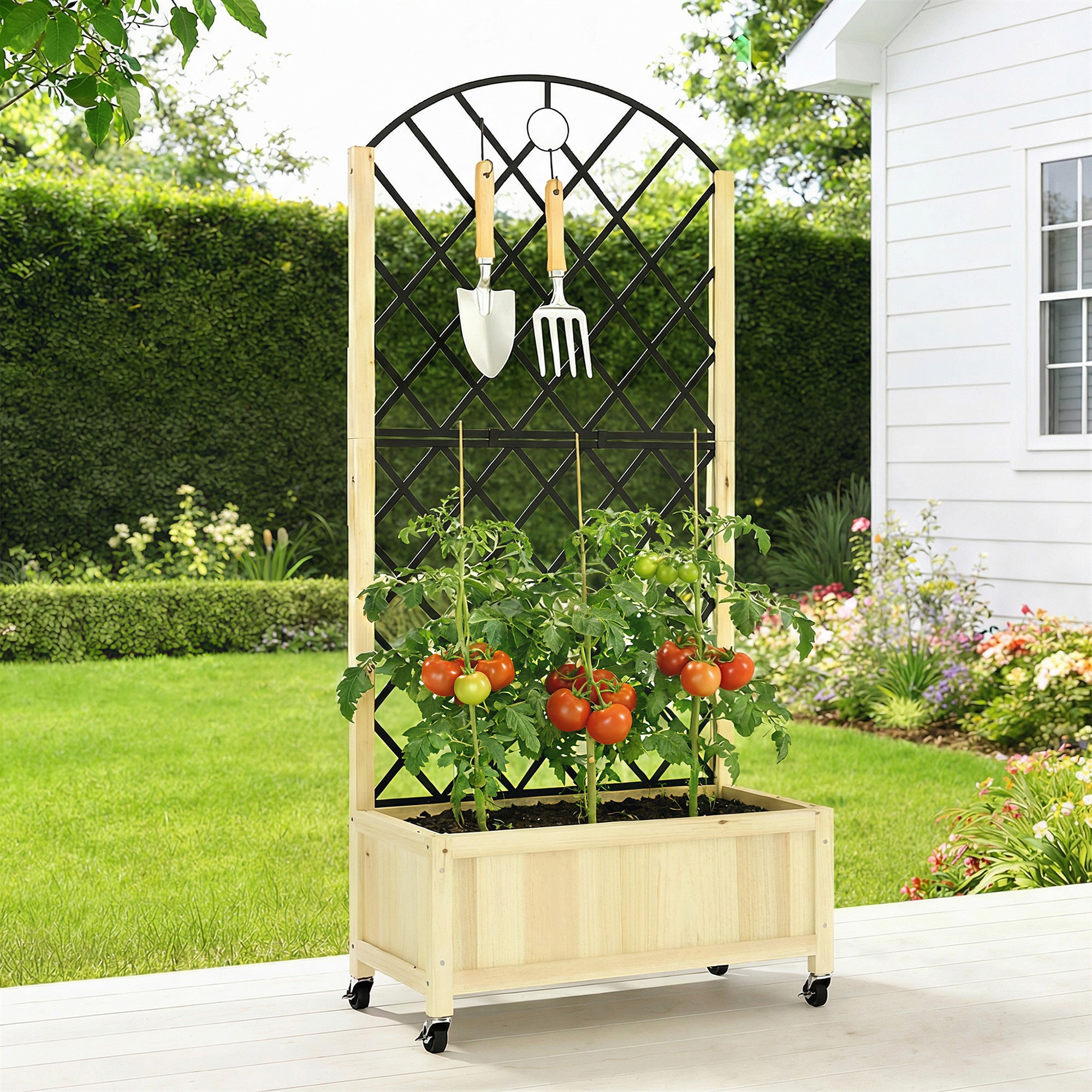 Outsunny Raised Garden Bed with Metal Trellis, Wooden Elevated Planter Box with Lockable Wheels, Outdoor Raised Planter, Natural 