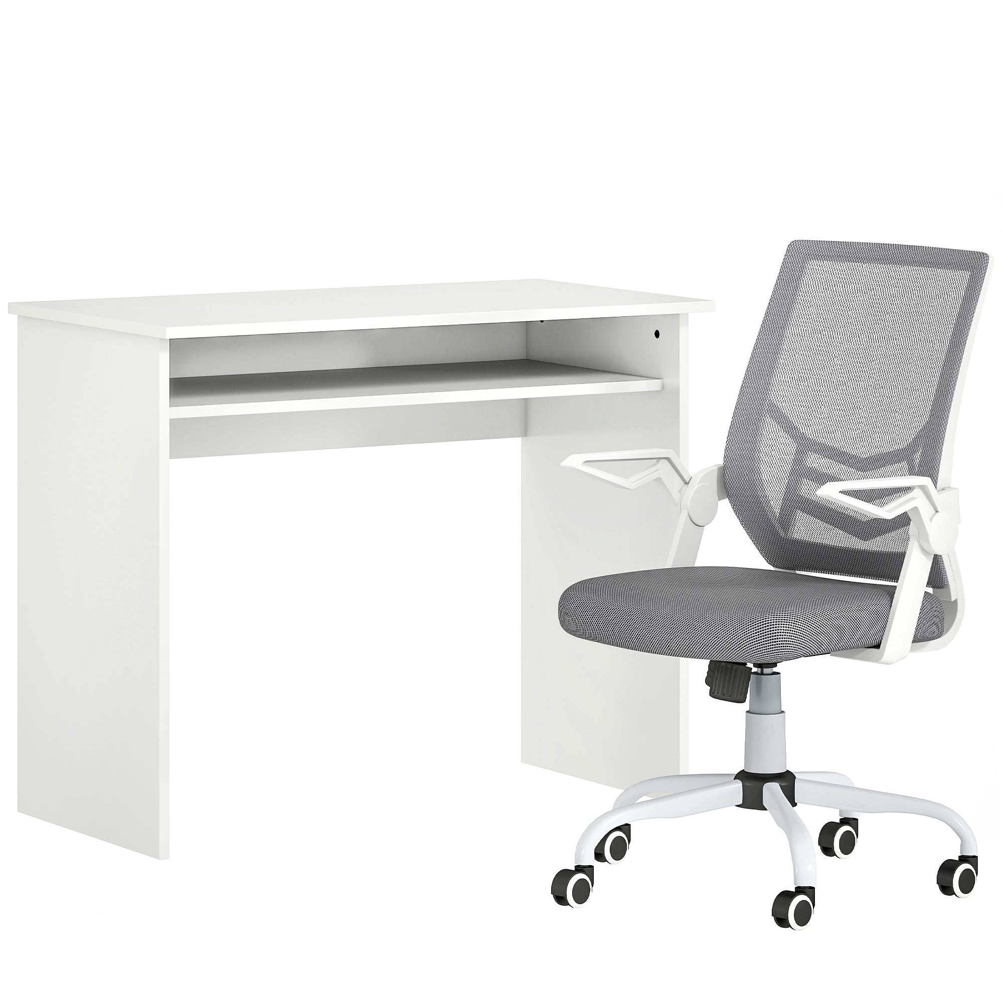 HOMCOM Home Office Furniture Set, Modern Computer Desk with Storage Shelf and Ergonomic Mesh Chair with Flip-Up Arms, Lumbar Support, Adjustable Height, Swivel Wheels, White and Grey 