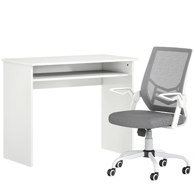 HOMCOM Home Office Furniture Set, Modern Computer Desk with Storage Shelf and Ergonomic Mesh Chair with Flip-Up Arms, Lumbar Support, Adjustable Height, Swivel Wheels, White and Grey 