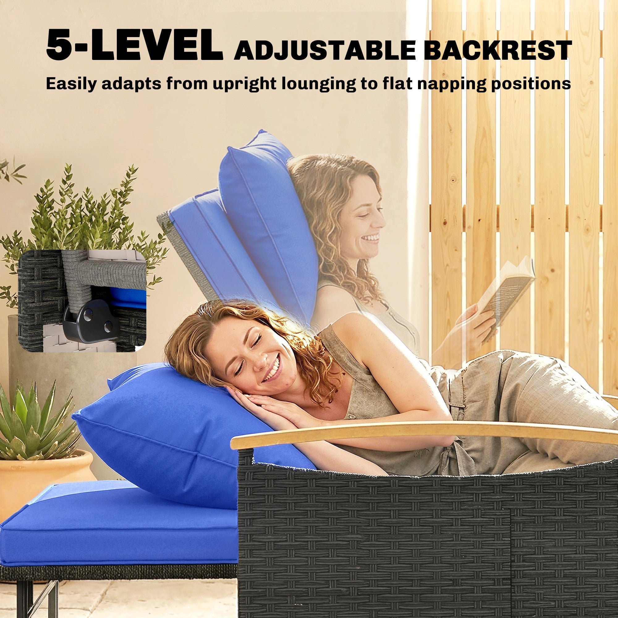 Outsunny Double Garden Rattan Daybed, Wicker Sun Bed Chaise Lounger with Storage Ottoman, 4-Level Adjustable Backrest, Brown 