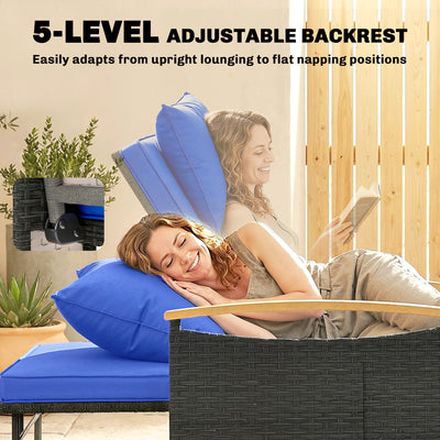Outsunny Double Garden Rattan Daybed, Wicker Sun Bed Chaise Lounger with Storage Ottoman, 4-Level Adjustable Backrest, Brown 