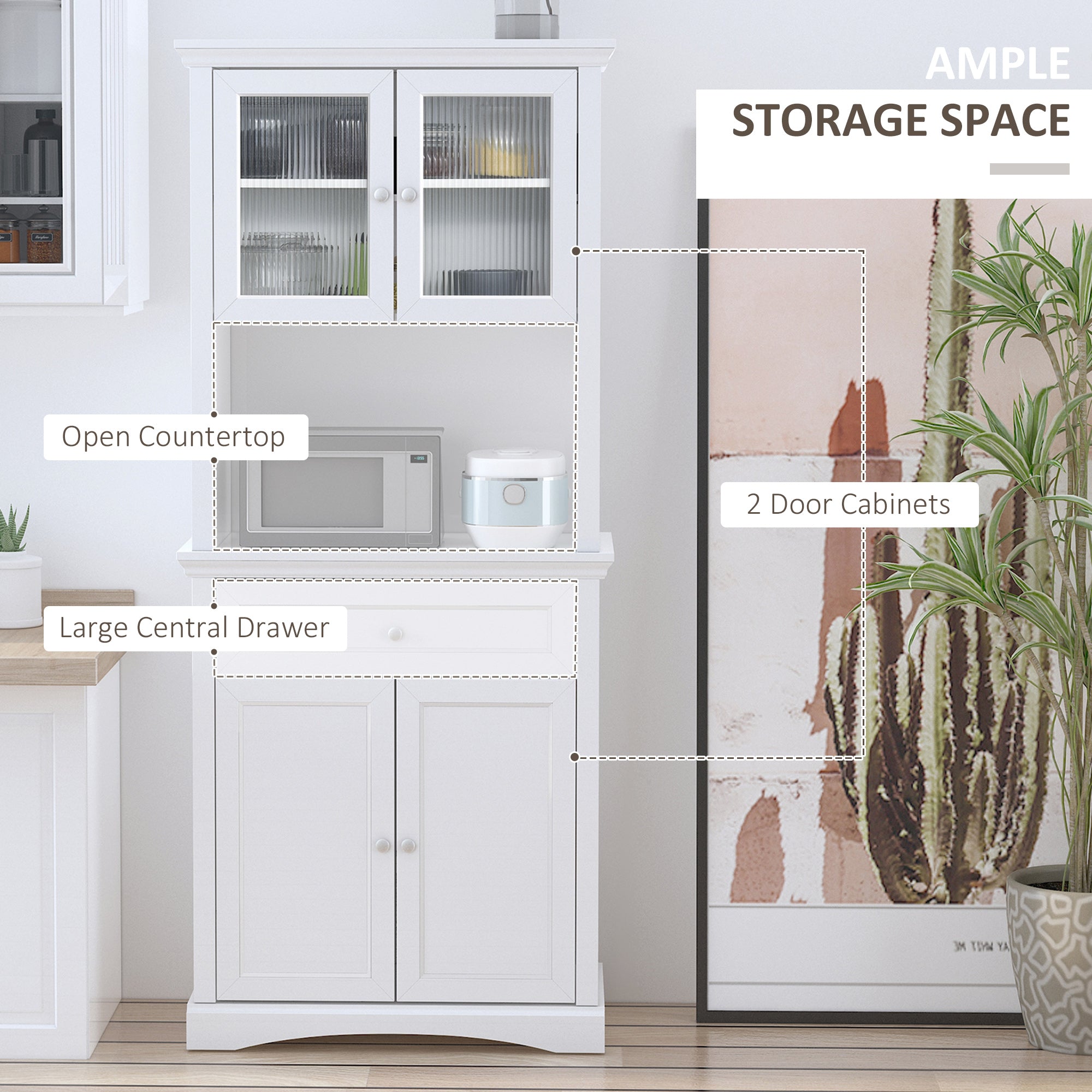 HOMCOM Kitchen Cupboard, Freestanding Storage Cabinet with Glass Doors, Adjustable Shelves, and Open Counter, White 