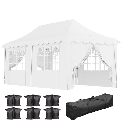 Outsunny 3 x 6m Pop Up Gazebo with Sides, UPF50+ Height Adjustable Marquee Party Tent, Wedding Canopy, Instant Event Shelter with Carry Bag and Sand Bags for Garden, White 