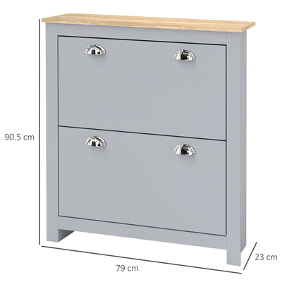 HOMCOM 2 Drawer Shoe Cabinet Modern Narrow Shoe Cupboard Hallway Wooden Storage Organiser with Flip Doors Adjustable Shelf for 6-12 Pairs, Grey 