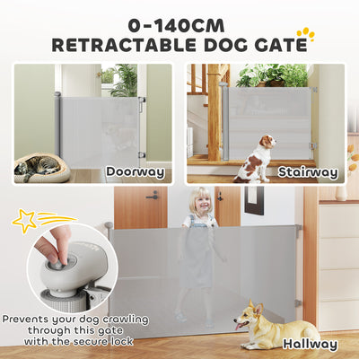 PawHut Retractable Stair Gate Extends Up to 140 cm Wide, Dog Gate for Doorways, Stairways, Hallways, Grey 