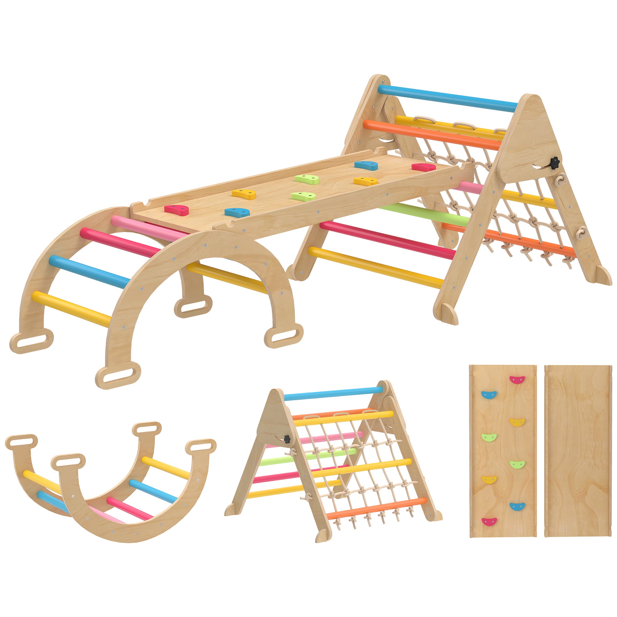 AIYAPLAY 8-in-1 Toddler Climbing Frame, Indoor Play Triangle Set with Slide, Arch and Triangle Ladder, Multicolour 