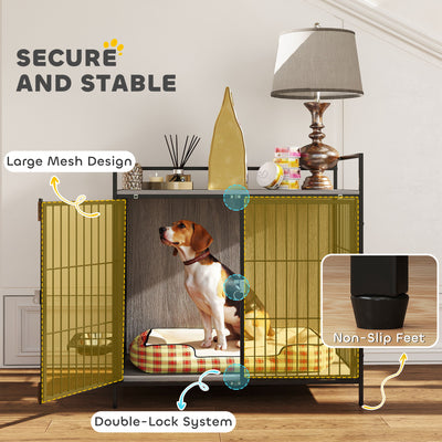 PawHut Dog Crate Furniture with Rotating Bowl Holder, 2 Bowls, 2 Doors, for Medium Dogs, 80 x 56 x 76.5 cm, Grey 