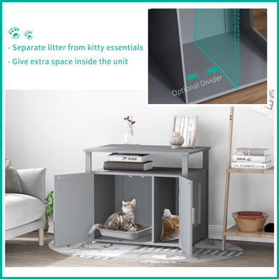 PawHut Wooden Cat Litter Box Enclosure Furniture with Adjustable Interior Wall & Large Tabletop for Nightstand, Grey 