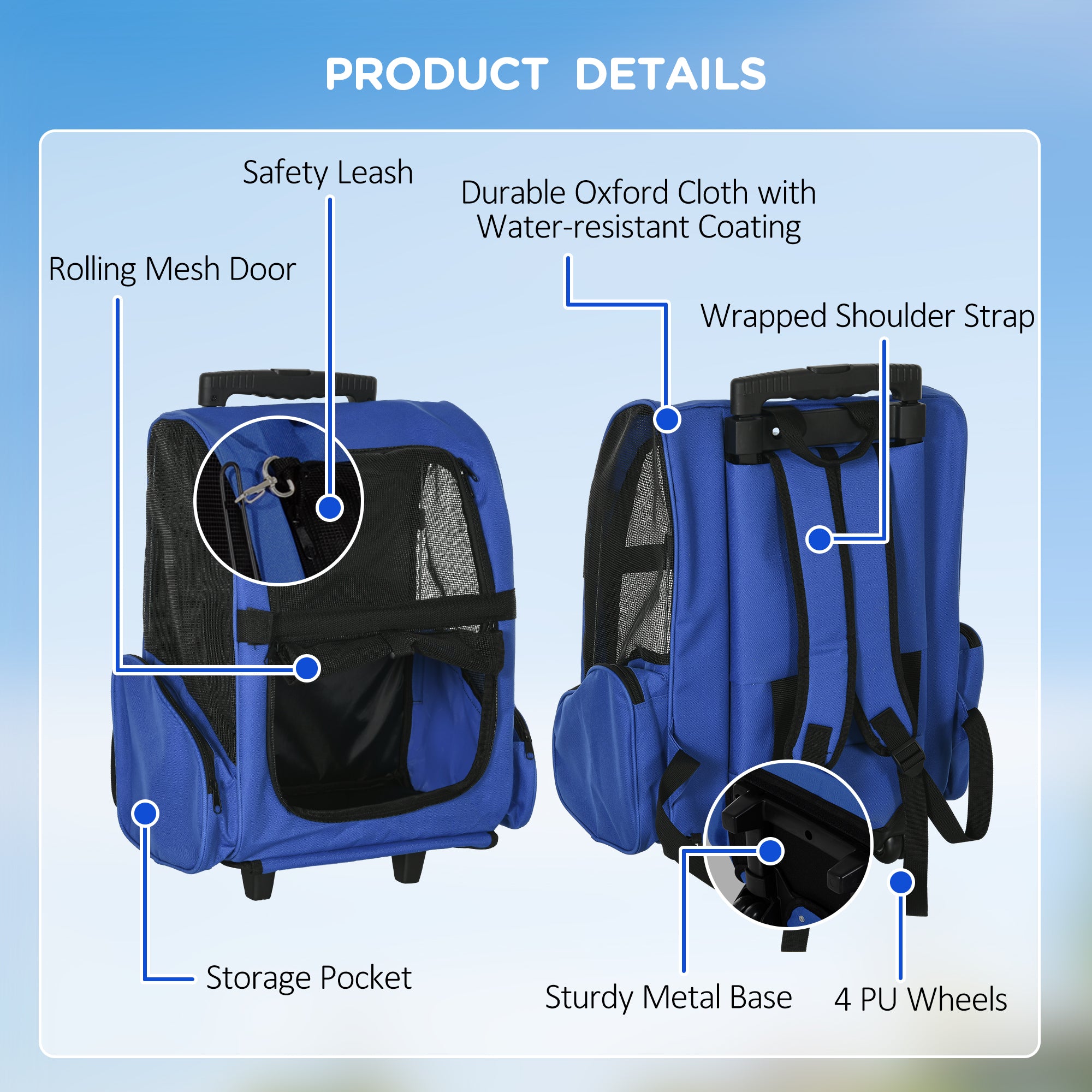 PawHut Pet Travel Backpack Bag Cat Puppy Dog Carrier w/ Trolley and Telescopic Handle Portable Stroller Wheel Luggage Bag (Blue) 