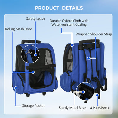 PawHut Pet Travel Backpack Bag Cat Puppy Dog Carrier w/ Trolley and Telescopic Handle Portable Stroller Wheel Luggage Bag (Blue) 
