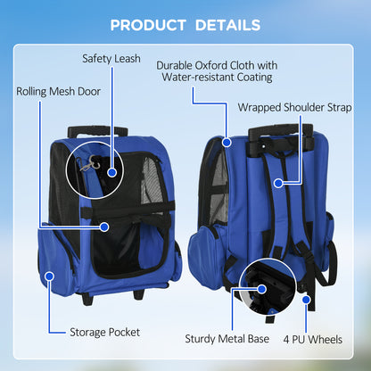 PawHut Pet Travel Backpack Bag Cat Puppy Dog Carrier w/ Trolley and Telescopic Handle Portable Stroller Wheel Luggage Bag (Blue) 