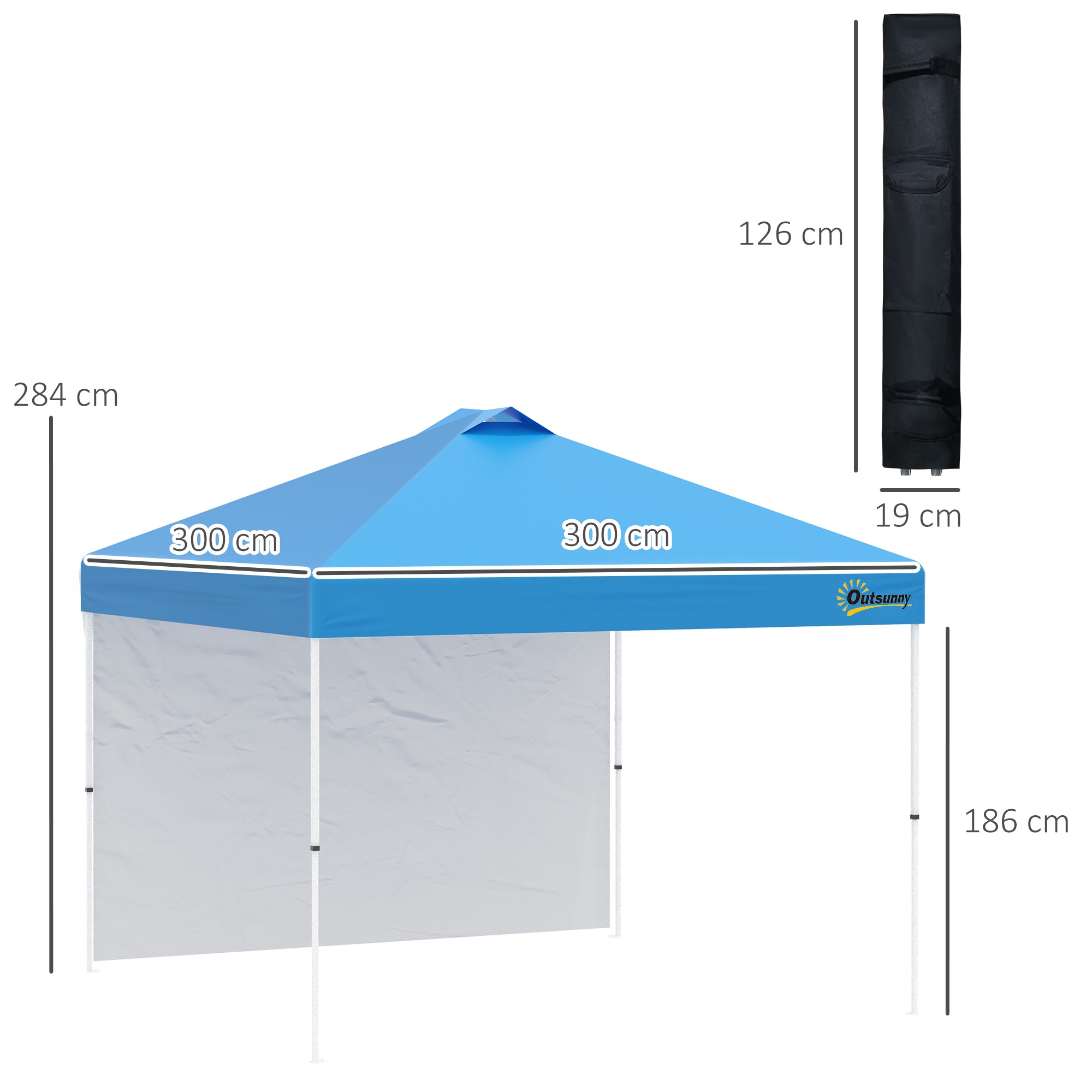 Outsunny 3x3(M) Pop Up Gazebo with 1 Side and Roller Bag, Height Adjustable Party Tent Event Shelter for Garden, Patio, Blue 