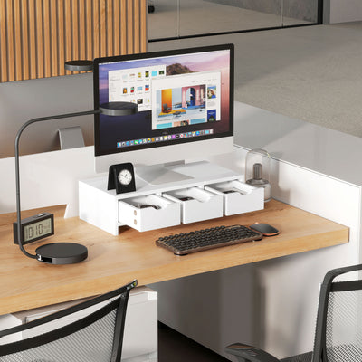 HOMCOM Monitor Stand Riser with 3 Drawers, Monitor Riser for Laptop, Computer, PC, Small Printer, 51 x 24 x 13cm, White 