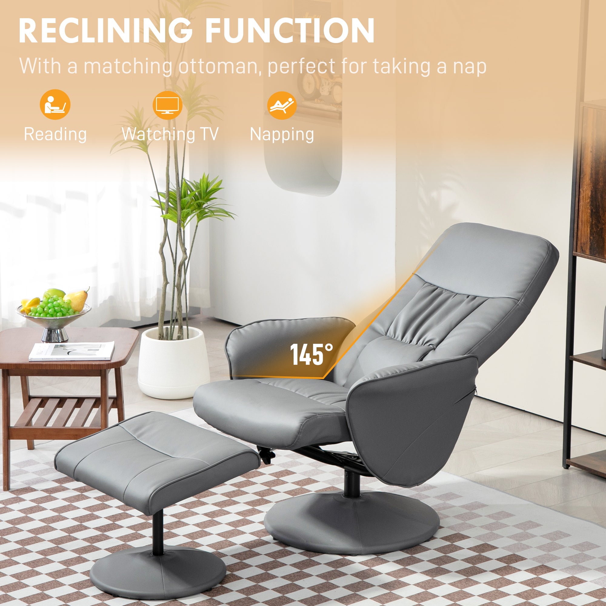 HOMCOM Swivel Recliner Chair with Footstool, PU Leather Armchair and Ottoman with High Back and Round Base for Living Room, Light Grey 