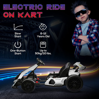 HOMCOM 24V Electric Go Kart for Kids with Adjustable Seat for 6-12 Years, White 