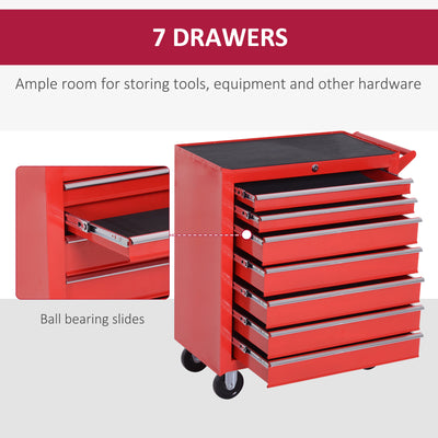 DURHAND 7-Drawer Rolling Tool Chest on Wheels, Lockable Tool Cabinet with Side Handle, Metal Tool Box Trolley for Garage, Workshop, Red 