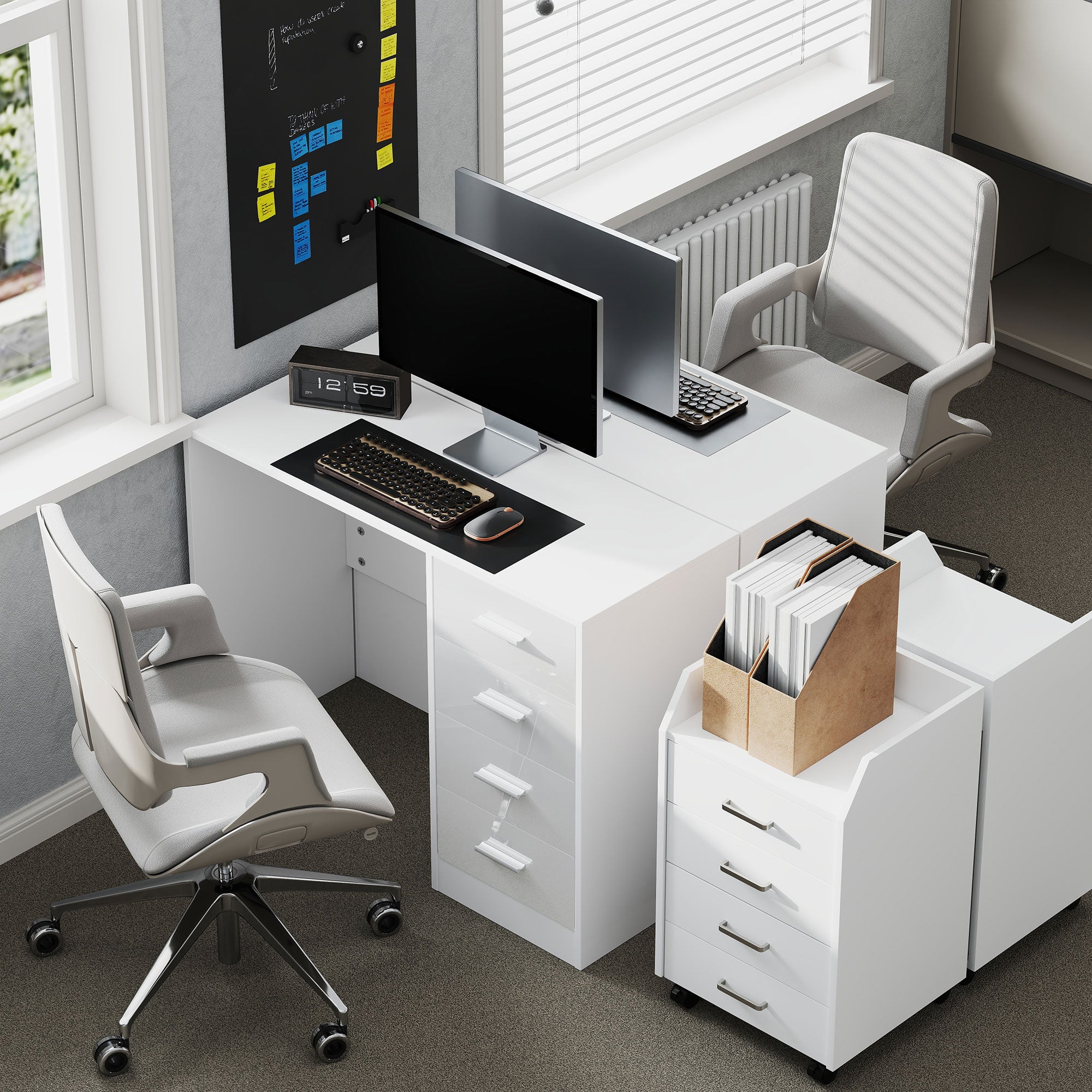 HOMCOM Computer Desk with Drawers, Dressing Table, High Gloss Home Office Writing Workstation, White 