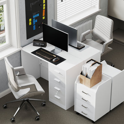 HOMCOM Computer Desk with Drawers, Dressing Table, High Gloss Home Office Writing Workstation, White 