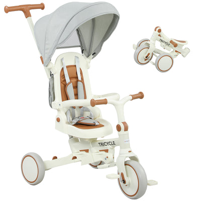 AIYAPLAY 5 in 1 Kids Trike with Adjustable Backrest, Toddler Tricycle with Push Handlebar, Adjustable Backrest, Cream White 