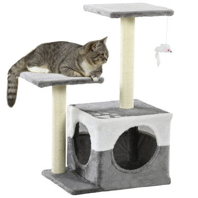 PawHut Cat Tree w/ Sisal Scratching Posts, House, Perches, Toy Mouse, Grey 