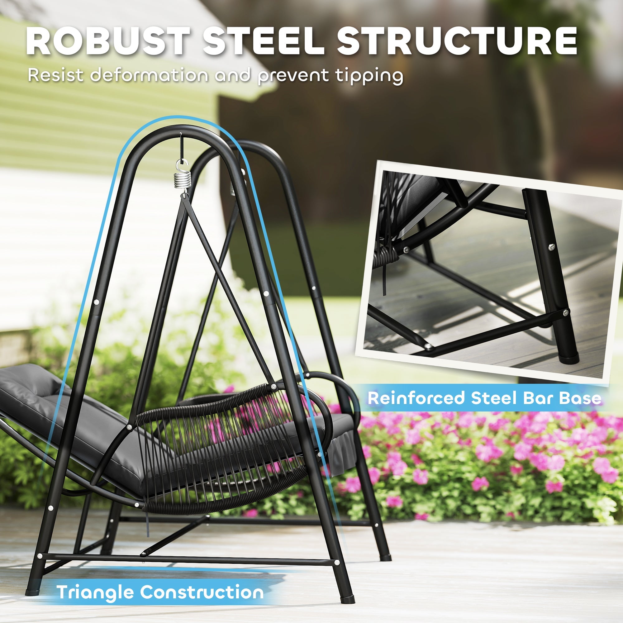 Outsunny Rattan Swing Chair, Outdoor Garden Hanging Swing Seat with Stand and Seat Cushion, Porch Hanging Chair for Balcony, Garden, Deck, Dark Grey 
