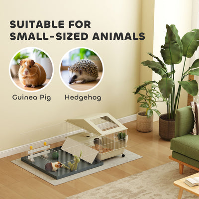 PawHut Small Animal Cage with Removable Pet Playpen, Guinea Pig Cage with Waterproof Pad, Hay Feeder, 108 x 71 x 57cm, Beige 