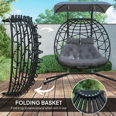 Outsunny Rattan Double Hanging Egg Chair with Canopy, Foldable Wicker Swing Egg Chair with Cushion, Head Pillows, Stand, Steel Frame, Hammock Chair for Indoor Outdoor, Capacity 260 kg, Black 