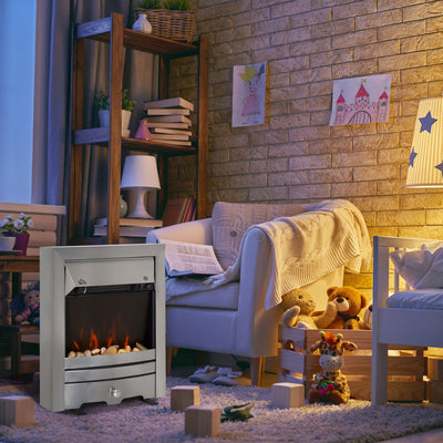 HOMCOM 2KW Stainless Steel Electric Fireplace Pebble Burning Effect Heater Fire Flame Indoor Stove LED Lighting 