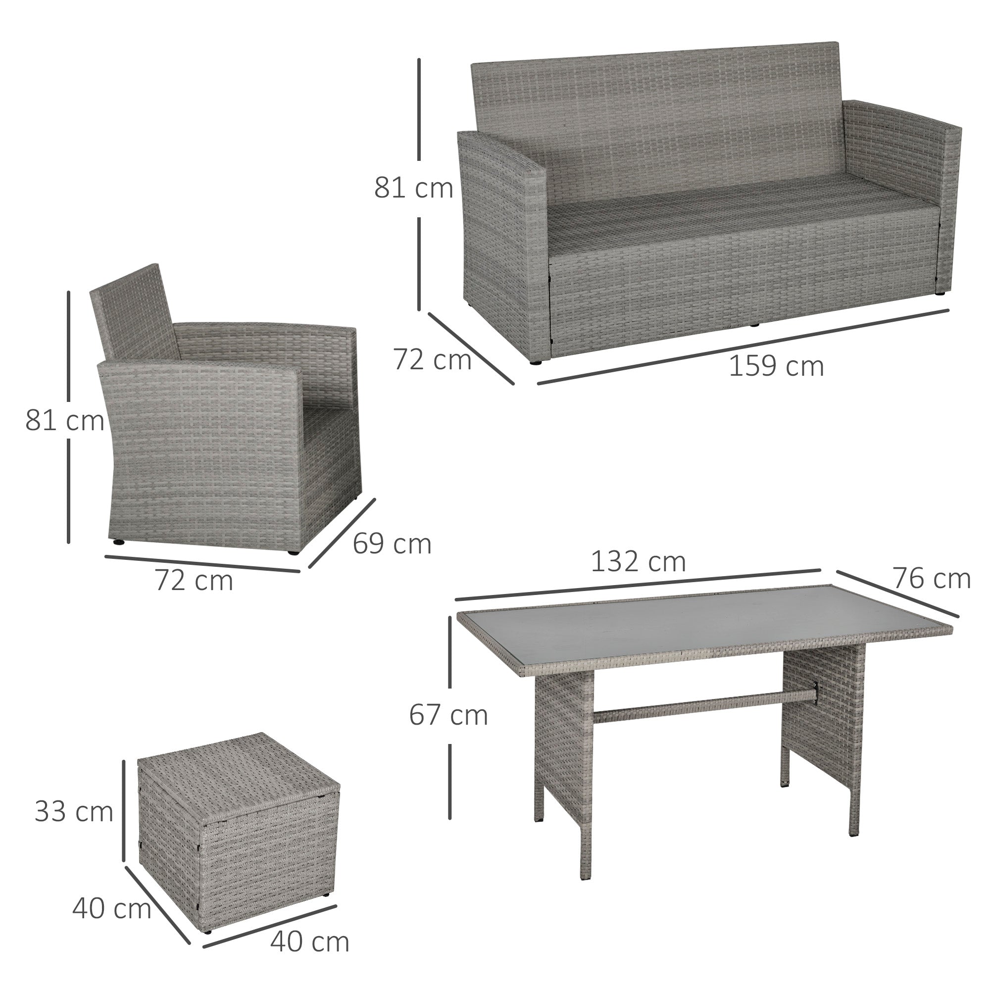 Outsunny Six-Piece Rattan Sofa Set, with Glass-Top Table - Mixed Grey 
