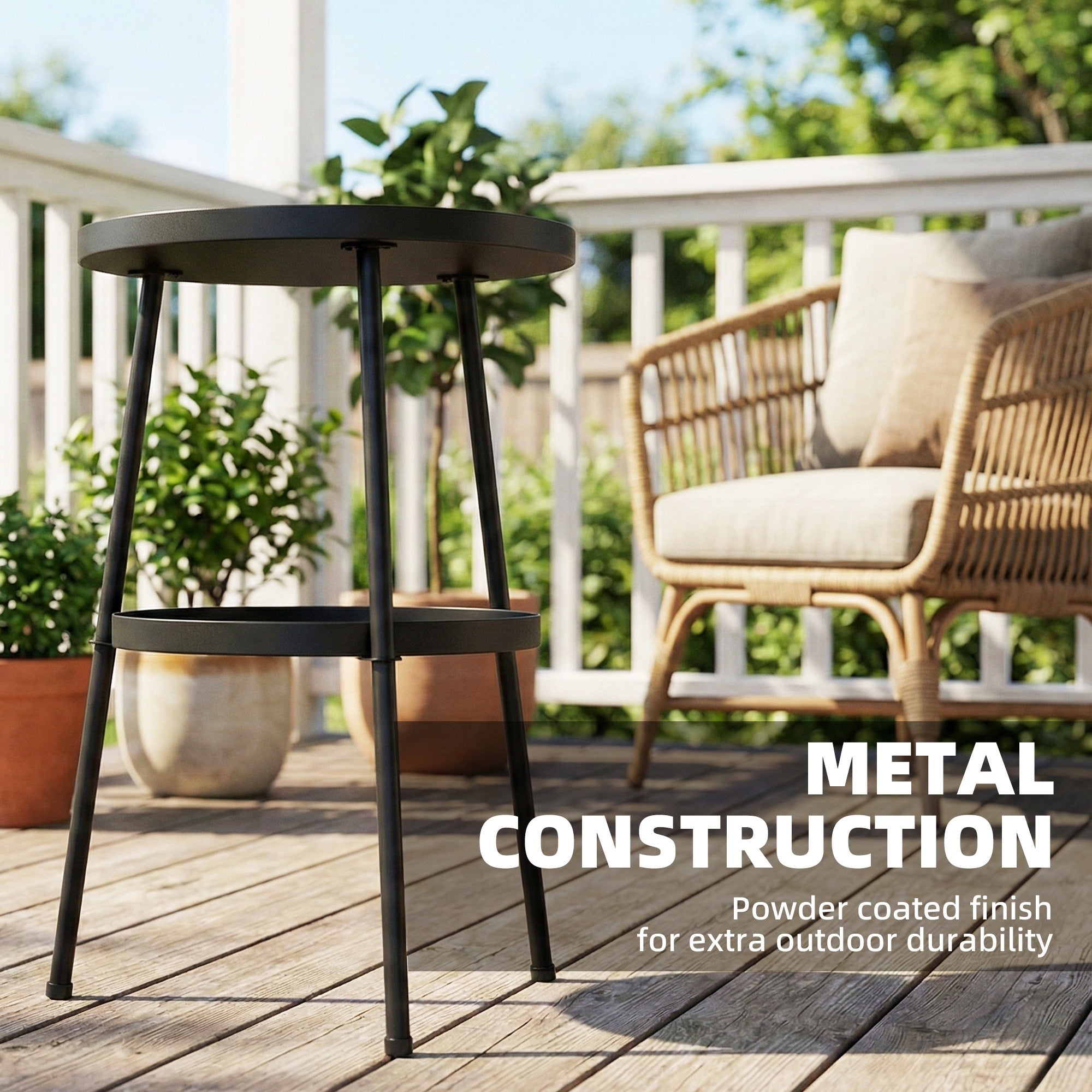 Outsunny Patio Side Table, 2-Tier Round Coffee End Table for Garden Balcony Living Room Bedroom, Black 