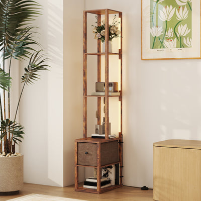 HOMCOM Floor Lamp with Shelves, LED Column Modern Standing Lamp with Fabric Drawer, Adjustable Brightness, Foot Switch for Living Room, Bedroom, Office, Rustic Brown 