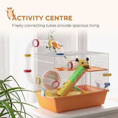 PawHut 3 Tiers Gerbil Cage, Hamster Cage with Tubes, Exercise Wheel, Ladder, Top Handle, 45 x 28 x 37cm - Orange 