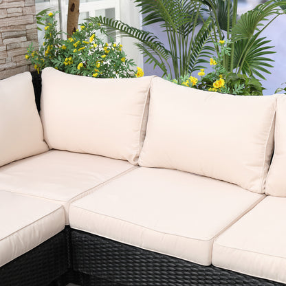 Outsunny 4 PCs Rattan Garden Furniture Outdoor Sectional Corner Sofa and Coffee Table Set  Conservatory Wicker Weave Furniture with Armrest and Cushions - Black 