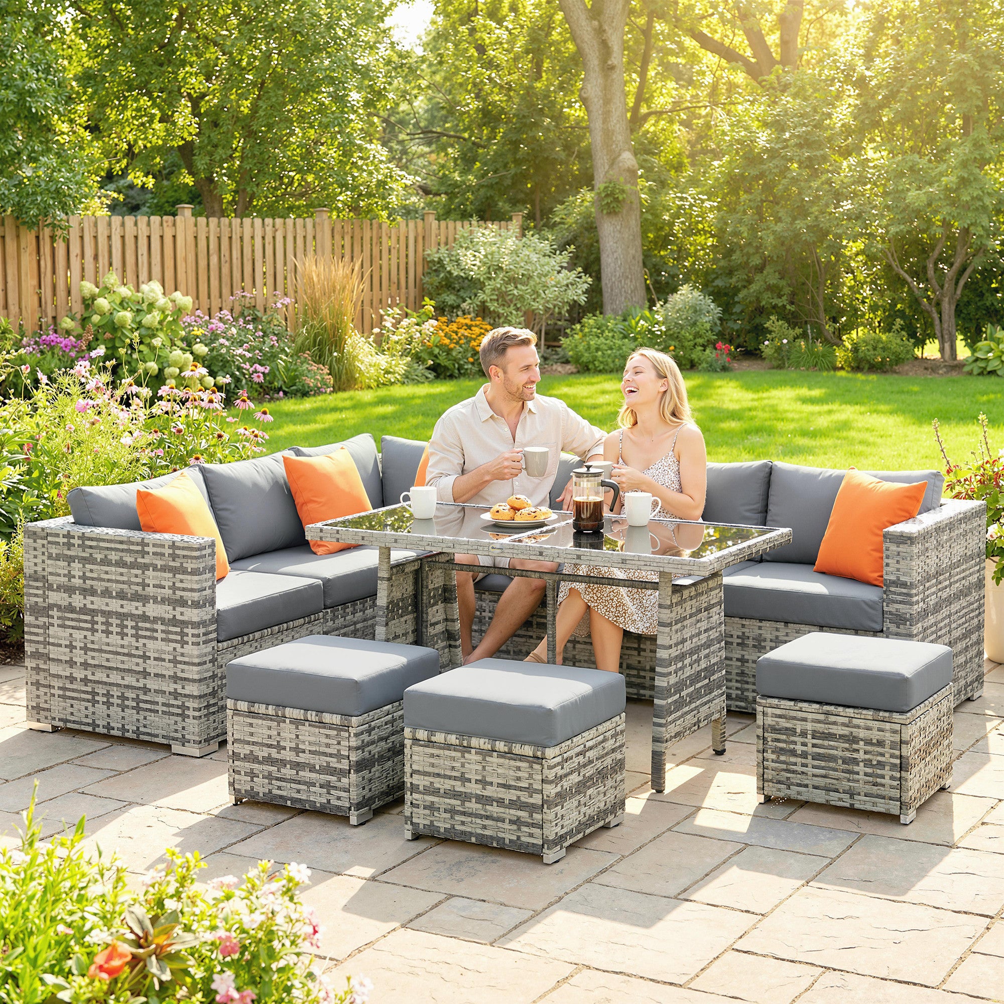 Outsunny 10 Piece Rattan Garden Furniture Set, 2 Corner Sofas with 4 Chairs, 4 Stools and Coffee Table, Outdoor Patio Furniture 