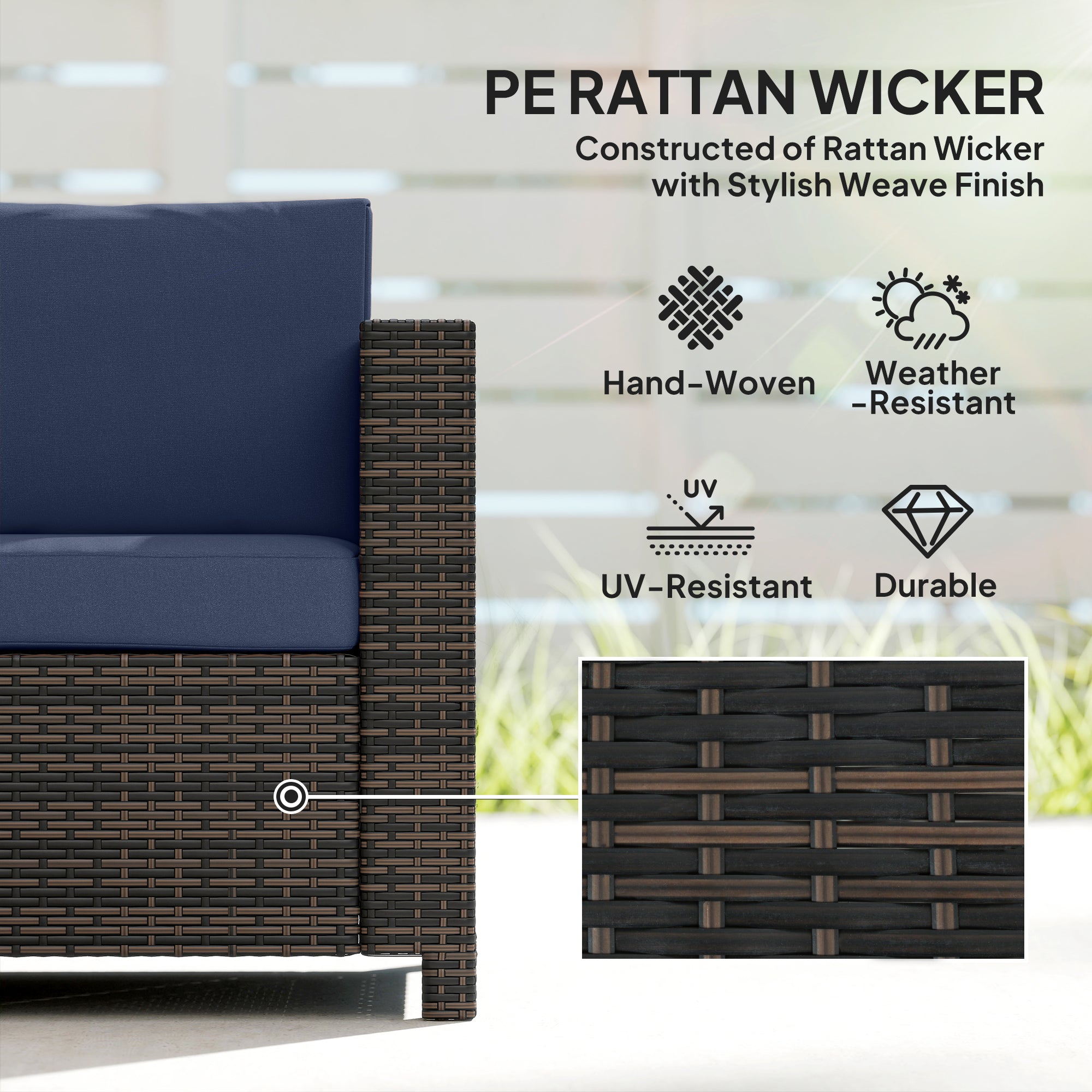 Outsunny 3 Seater Rattan Sofa All-Weather Wicker Weave Metal Frame Chair with Fire Resistant Cushio-Dark Blue 