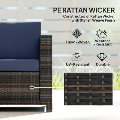 Outsunny 3 Seater Rattan Sofa All-Weather Wicker Weave Metal Frame Chair with Fire Resistant Cushio-Dark Blue 